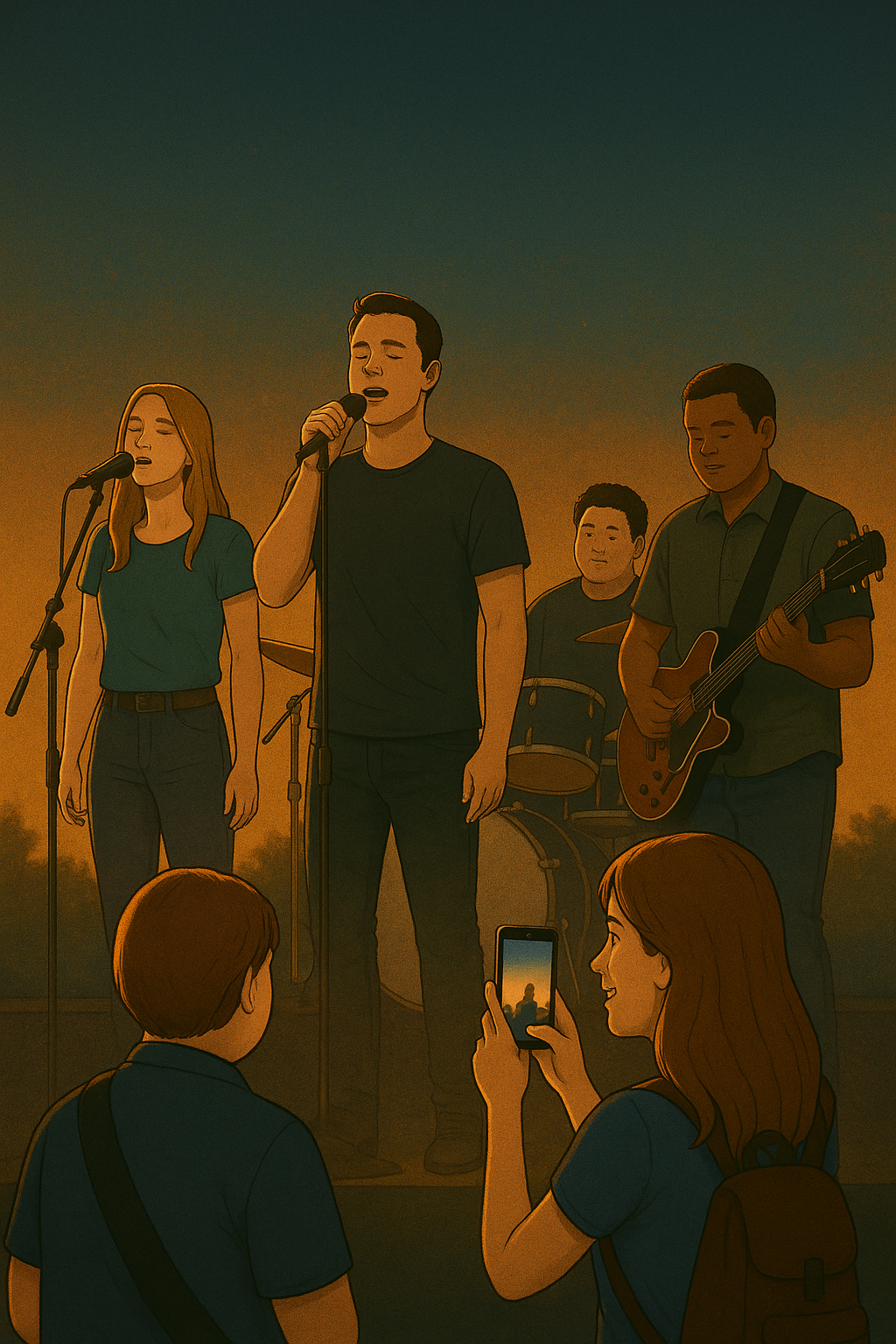 A banda gospel se apresentando com Lia na plateia